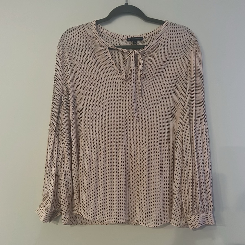 Adrianna Papell Women's Pale Pink Black Polka Dot Pleated Tie Neck Blouse Large